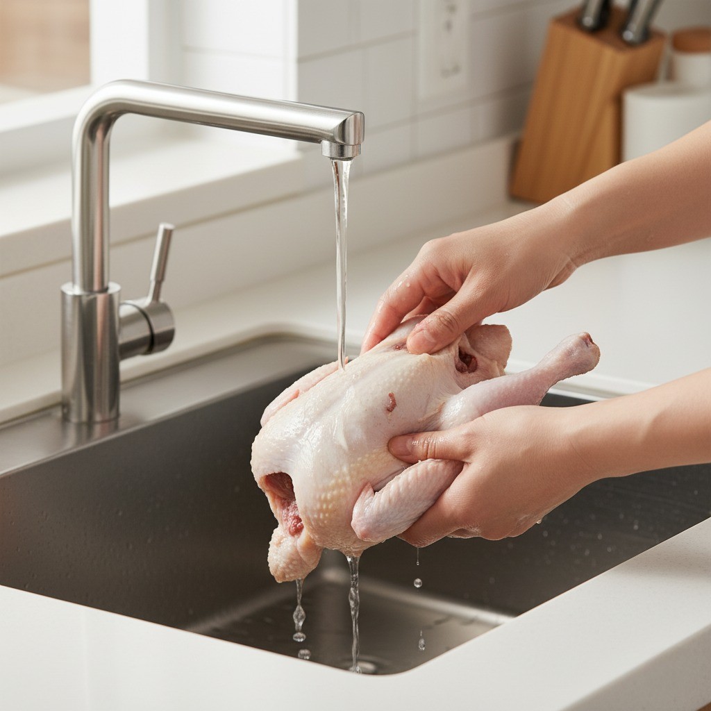 닭 내부를 깨끗이 씻어 손질하는 모습