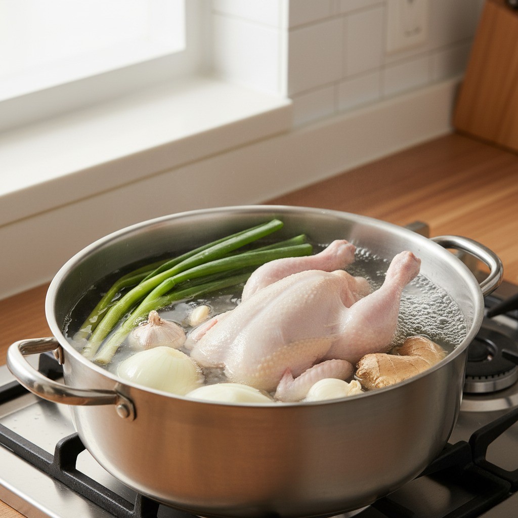 냄비에 닭과 대파, 양파, 마늘을 넣고 끓이는 모습