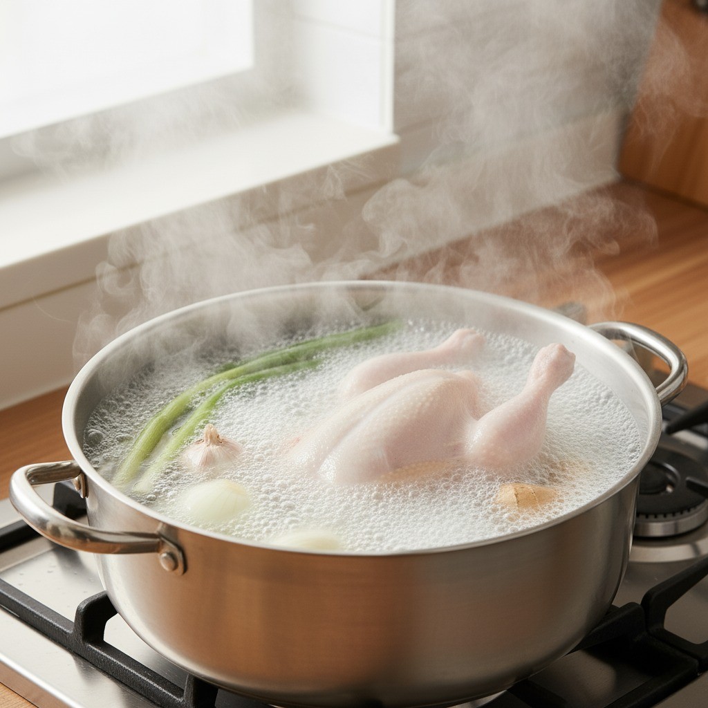 뚜껑을 연 냄비에서 닭백숙이 끓고 있는 모습