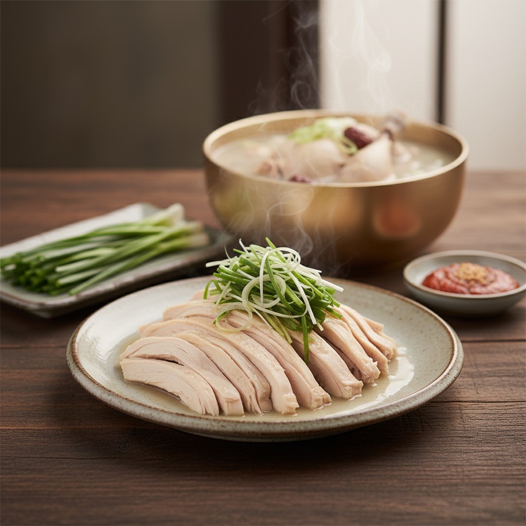 접시에 닭고기와 데친 부추, 대파가 담겨있는 모습