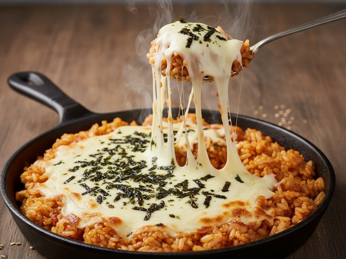 뜨거운 팬 위에서 치즈가 녹아내리는 먹음직스러운 '김치밥이 피오씁니다' 완성 사진