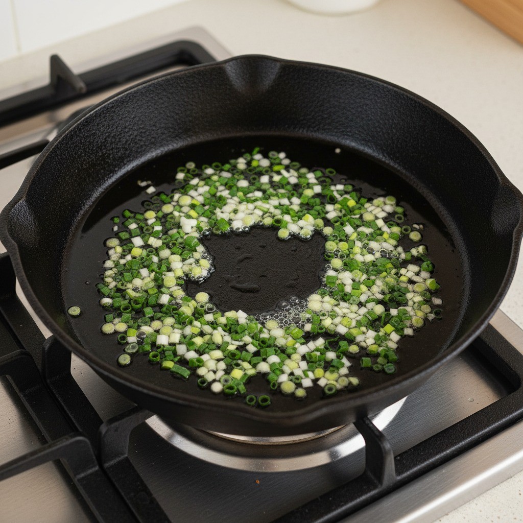차가운 팬에 식용유와 대파를 넣고 파기름을 내는 장면
