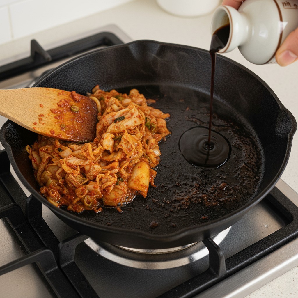 파기름에 김치를 볶다가 팬 한쪽에 간장을 부어 태우는 장면