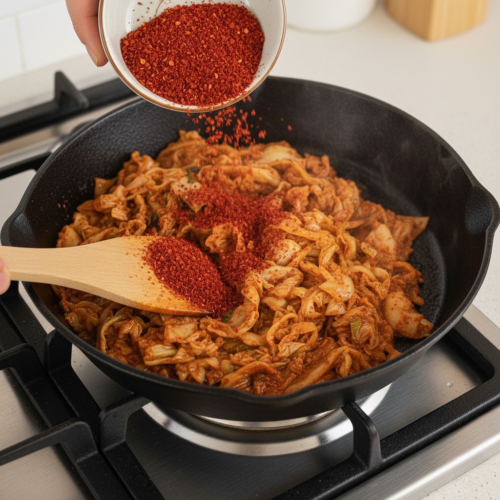 볶은 김치에 설탕과 고춧가루를 넣고 섞어 고추기름을 내는 모습