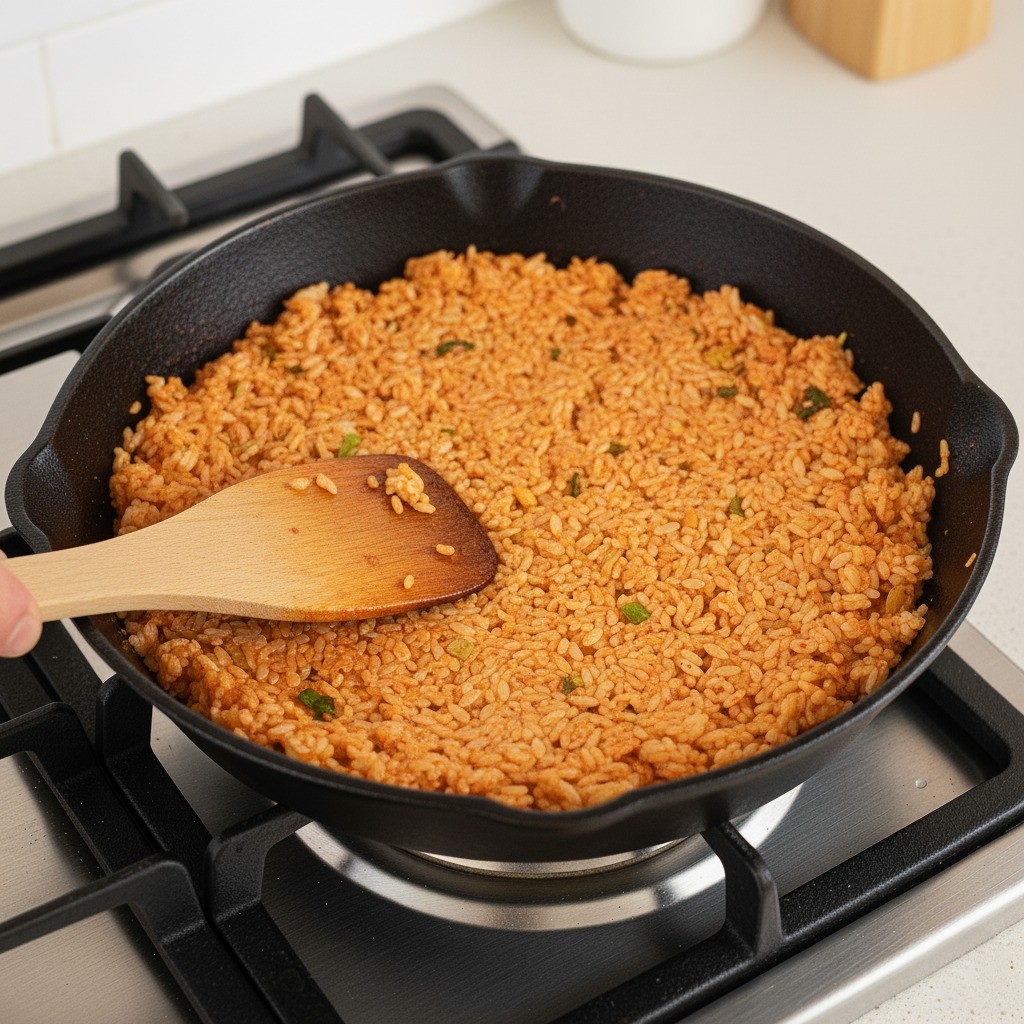 팬에 밥을 넣고 볶은 뒤 넓게 펴서 누룽지를 만드는 과정