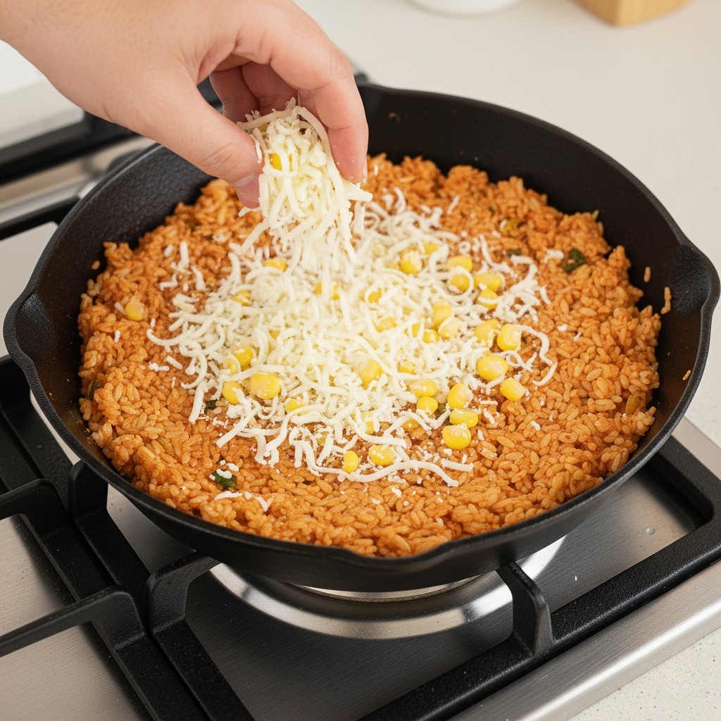 김치밥 위에 스위트콘과 모짜렐라 치즈를 올리고 뚜껑을 덮은 모습