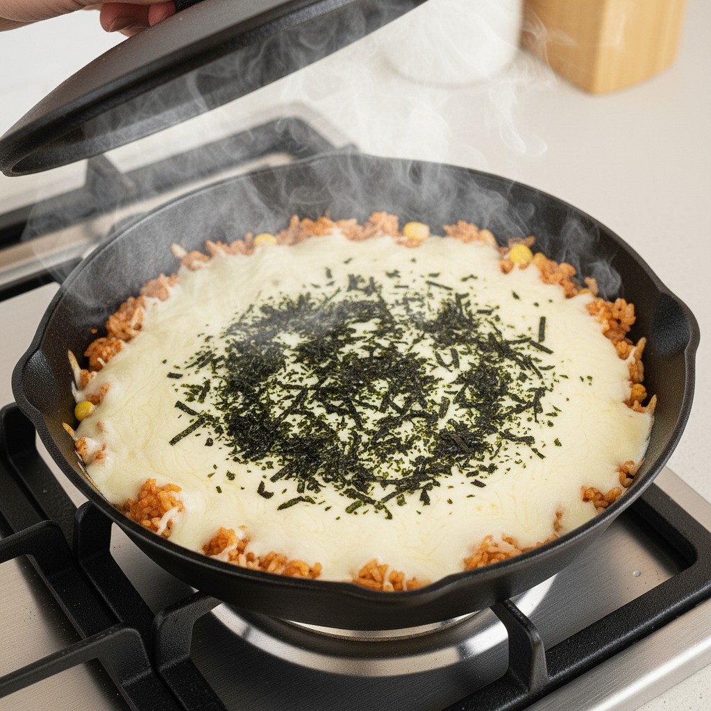 완성된 김치밥 위에 김가루를 듬뿍 뿌리는 마지막 단계