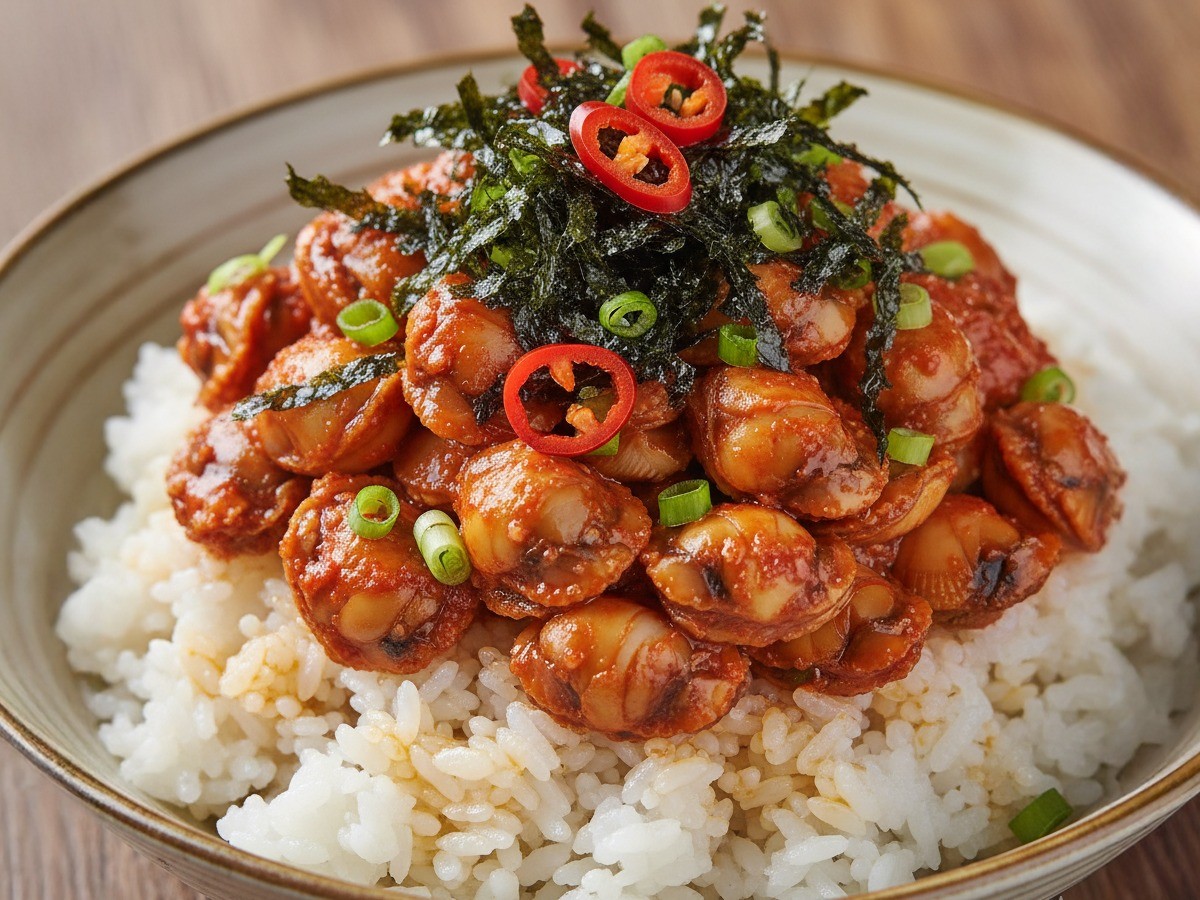 뜨끈한 밥 위에 양념된 꼬막이 듬뿍 올라간 꼬막비빔밥 완성 사진