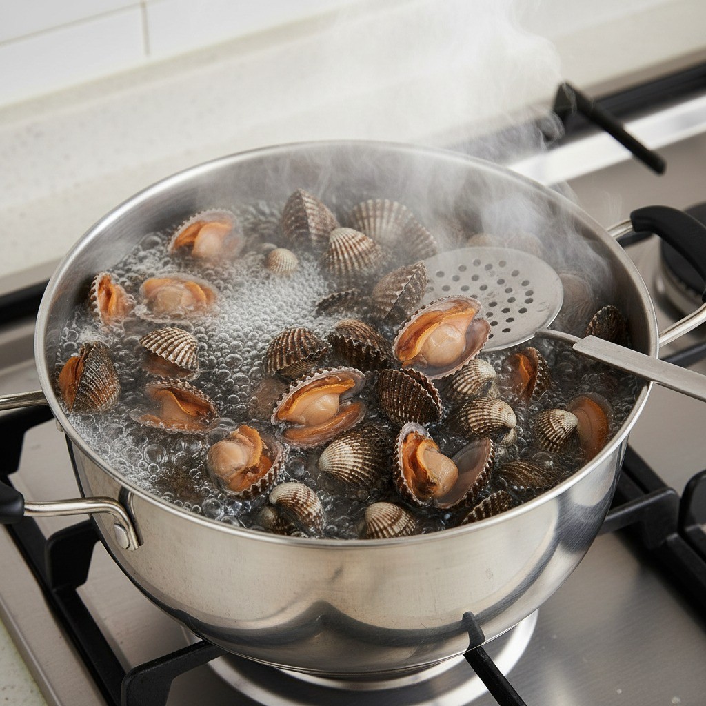 냄비에서 꼬막이 입을 벌리며 삶아지고 있는 모습