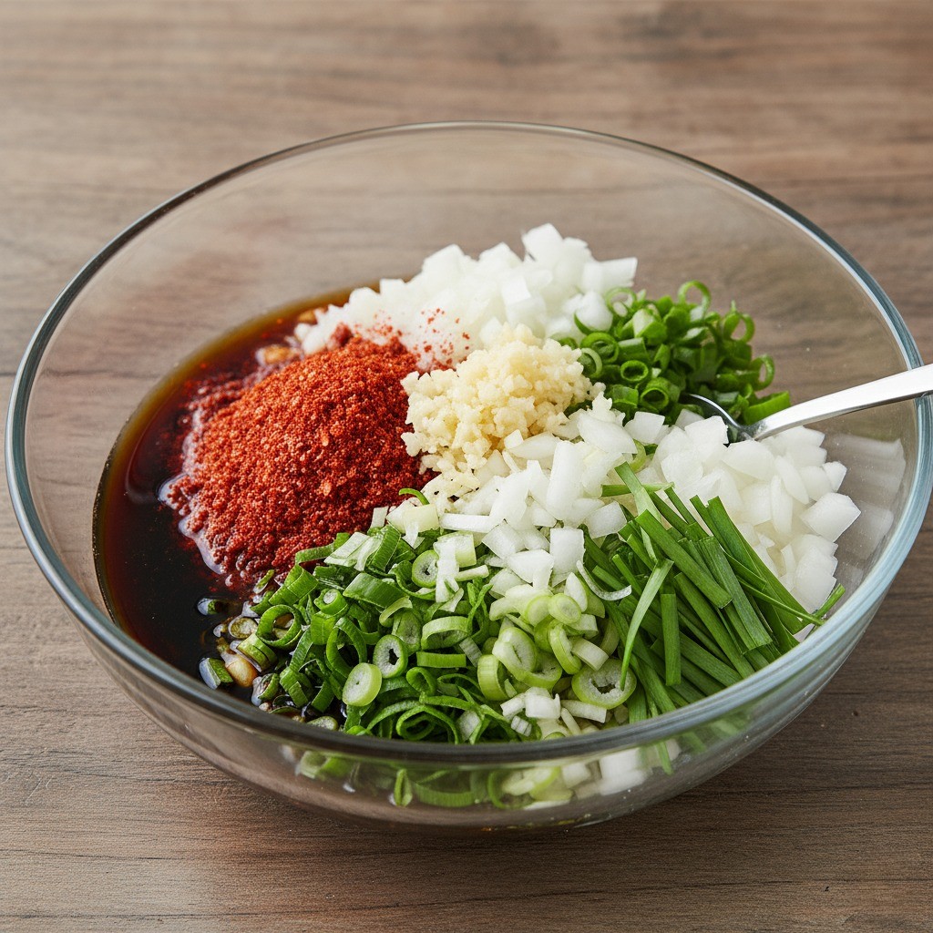 볼에 간장, 고춧가루, 다진 파, 마늘, 양파, 부추 등 양념장 재료가 섞이고 있는 모습