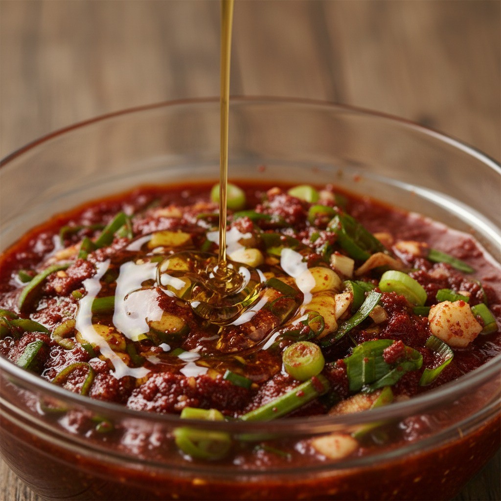 완성된 양념장에 참기름을 두르는 모습