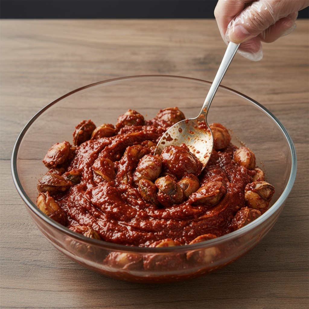 볼에 담긴 꼬막살에 양념장을 넣고 버무리는 모습