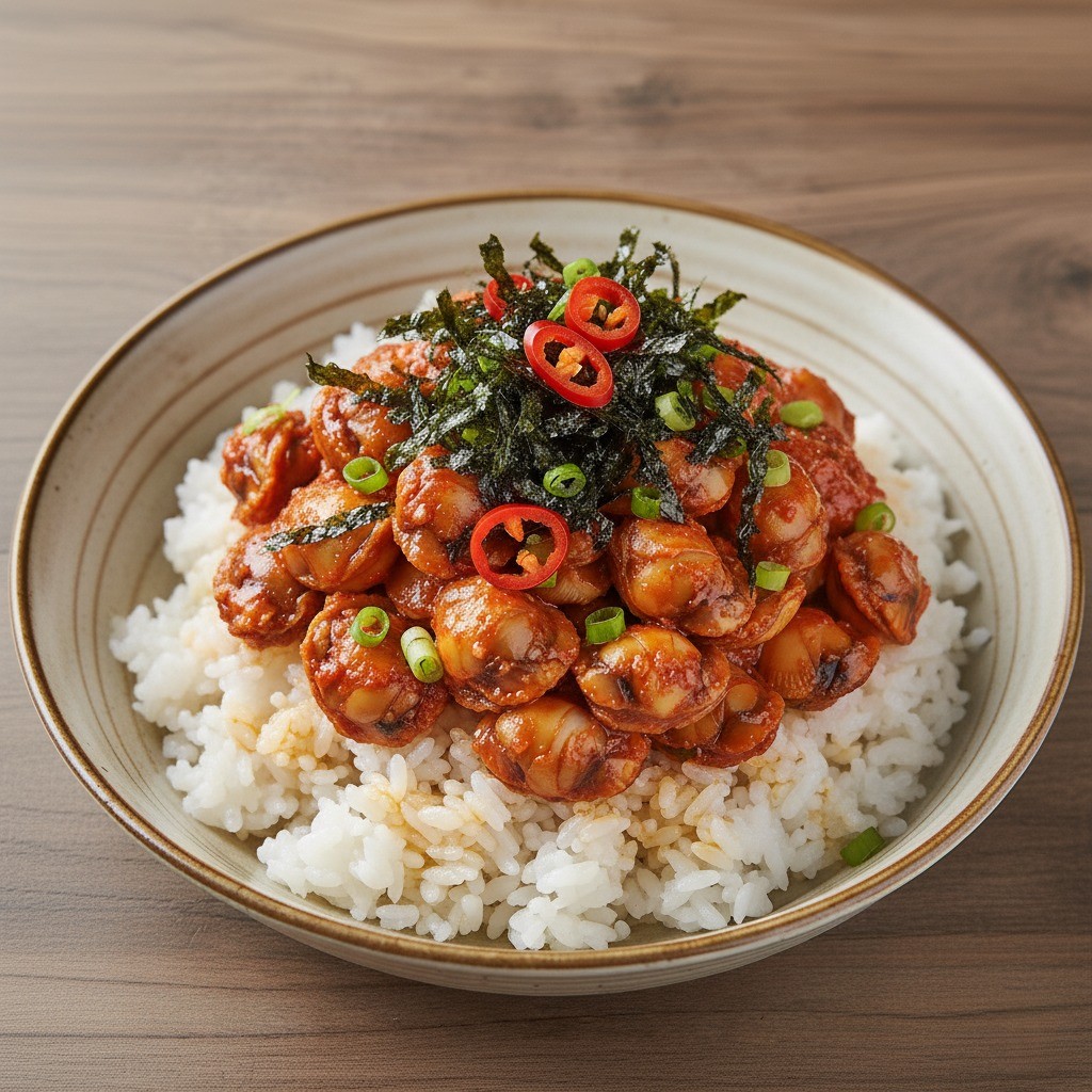 흰 쌀밥 위에 양념된 꼬막, 김가루, 쪽파 고명이 올라간 완성된 꼬막비빔밥