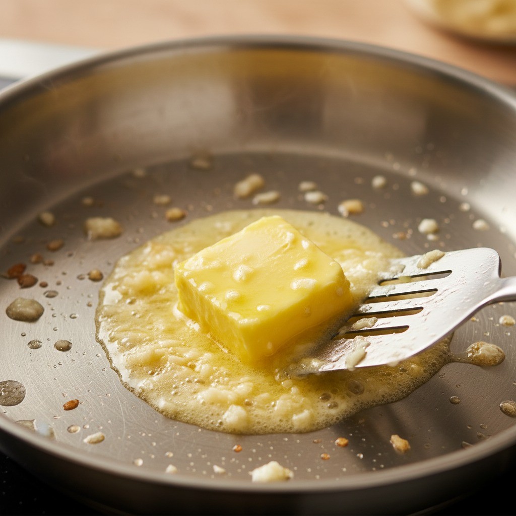 팬에 버터와 간 마늘을 볶는 모습