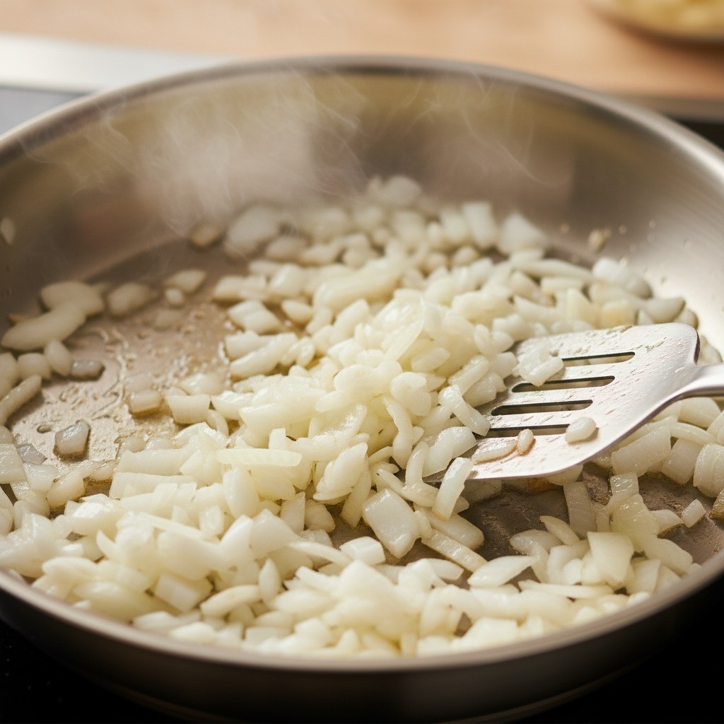 팬에 다진 양파를 넣고 볶는 모습