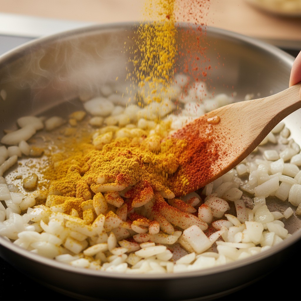 카레가루, 고춧가루 등 가루 재료를 넣고 볶는 모습