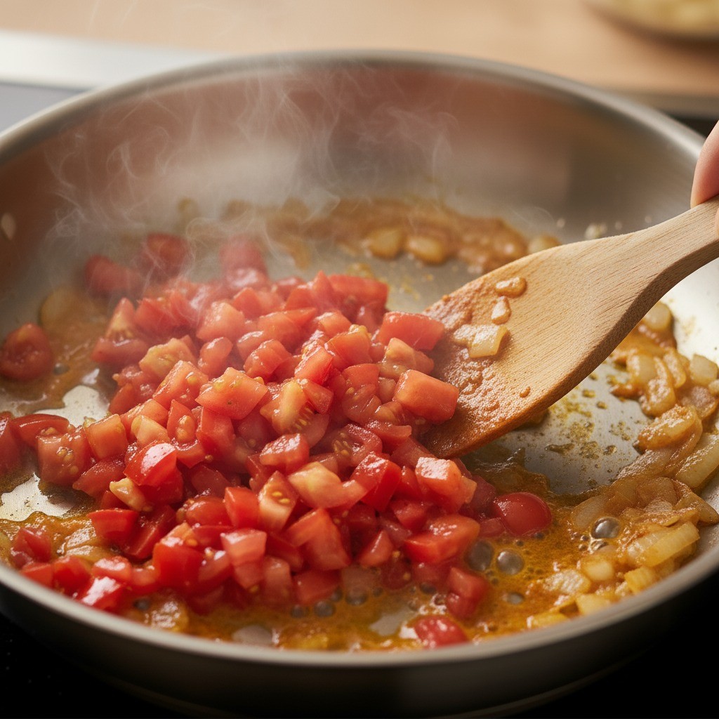 다진 토마토를 넣고 볶는 모습