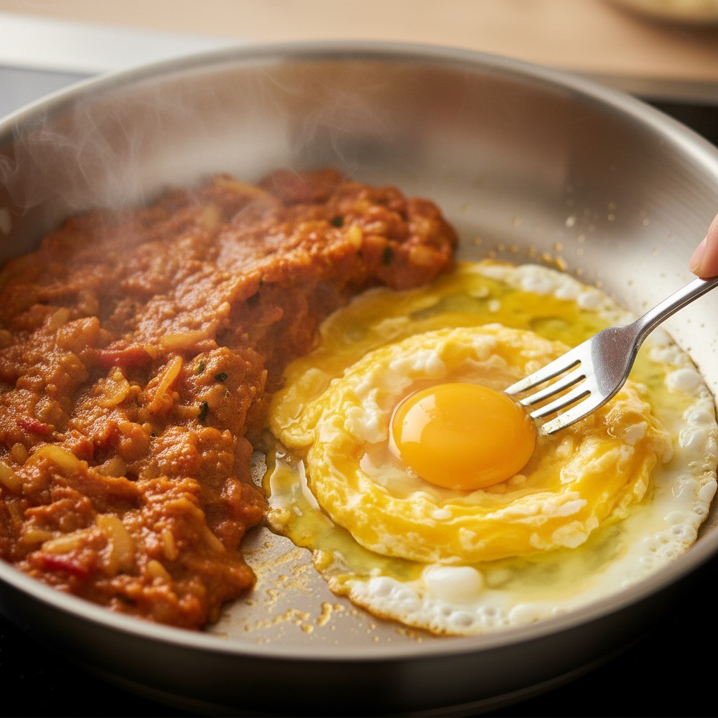 팬 한쪽에 달걀을 깨 넣어 스크램블을 만드는 모습