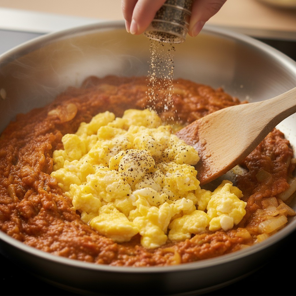 모든 재료를 섞고 소금, 후추로 간을 하는 모습