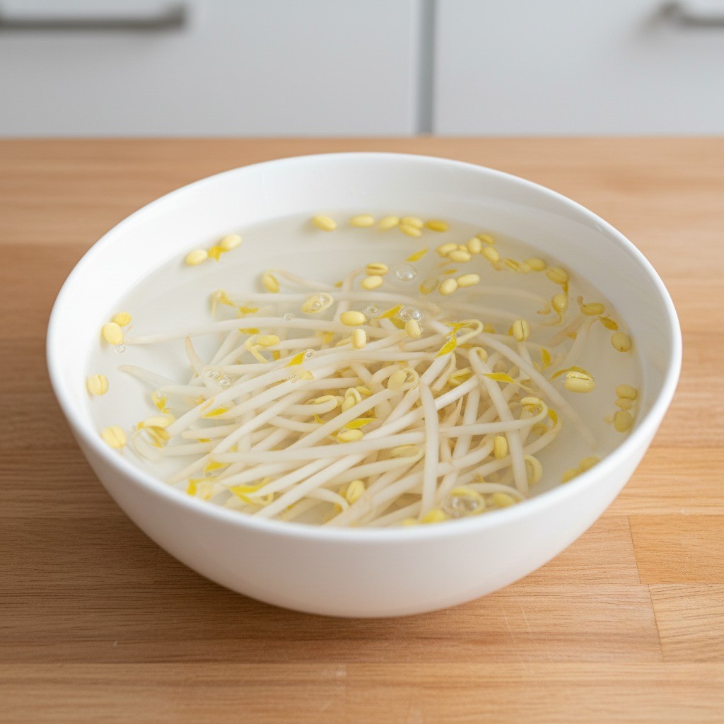 물에 담긴 콩나물과 물 위에 뜬 껍질