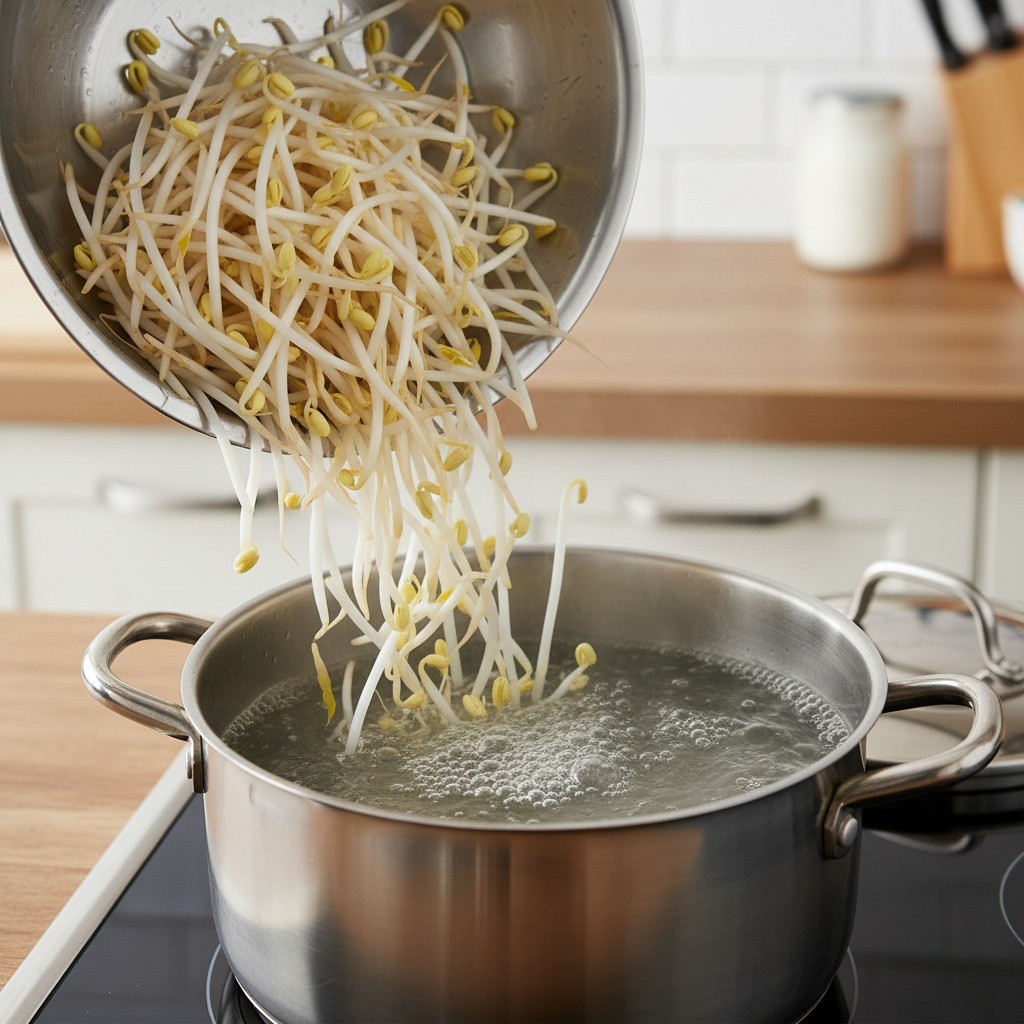 끓는 육수에 콩나물을 넣는 장면
