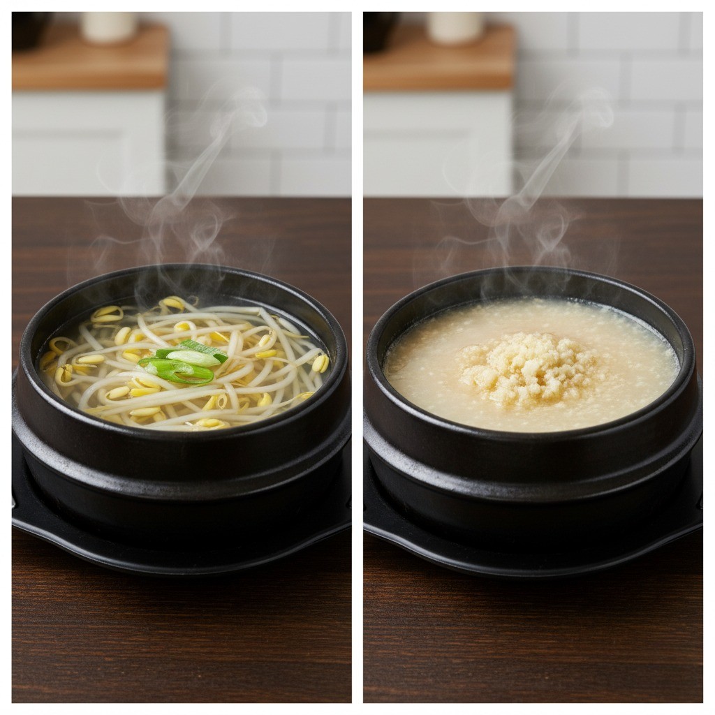 맑은 콩나물국과 다진 마늘이 들어간 콩나물국 비교