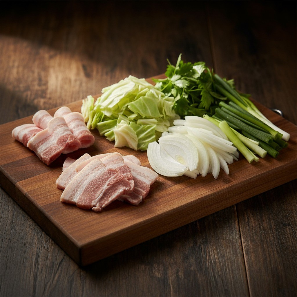 식용유에 돼지고기, 파, 양파를 넣고 볶는 단계