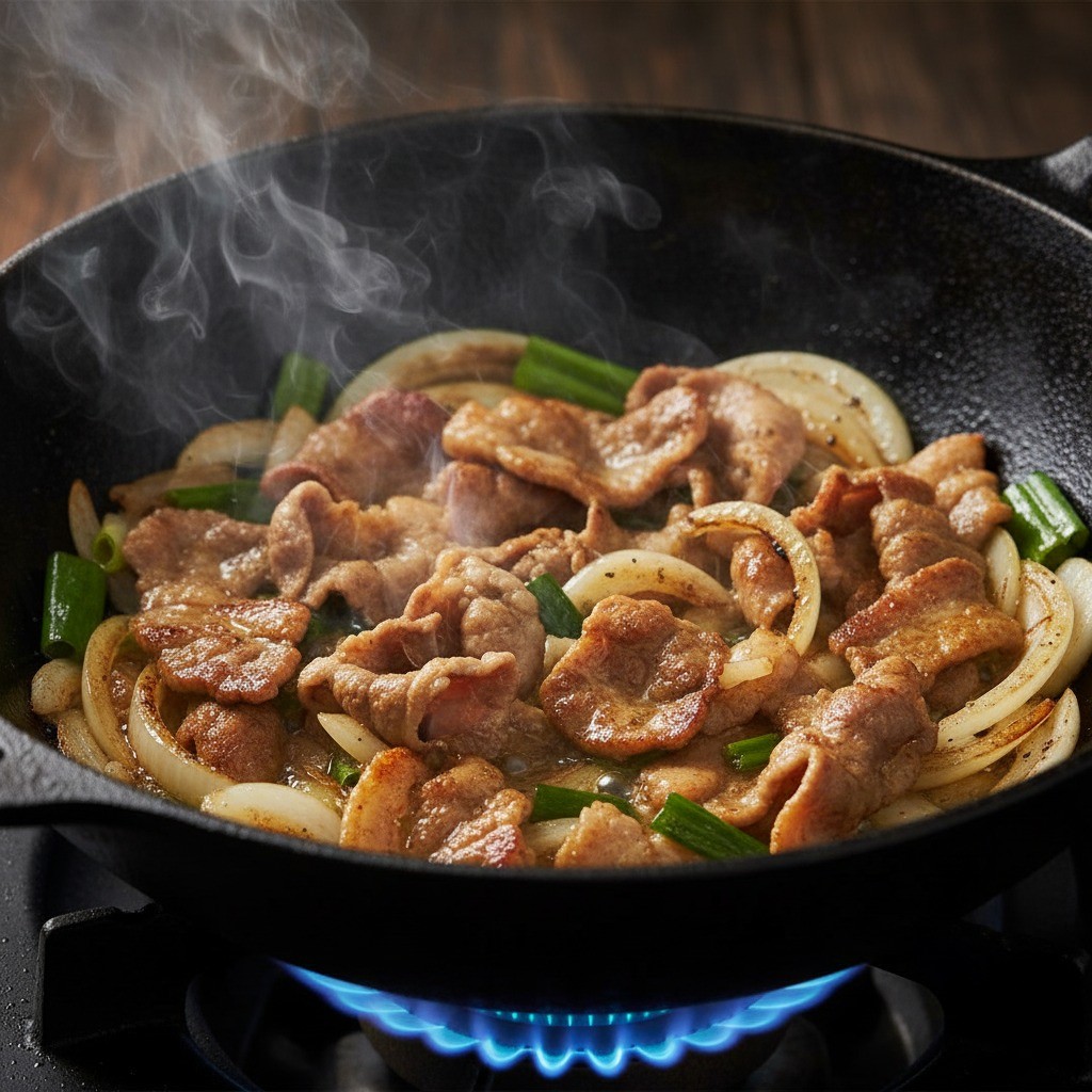 볶은 재료에 간장을 넣고 눌러 볶는 단계