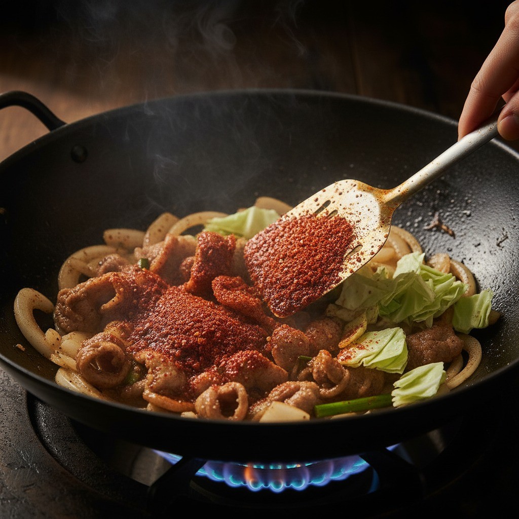 양배추와 고춧가루를 넣고 고추기름이 나오도록 볶는 단계