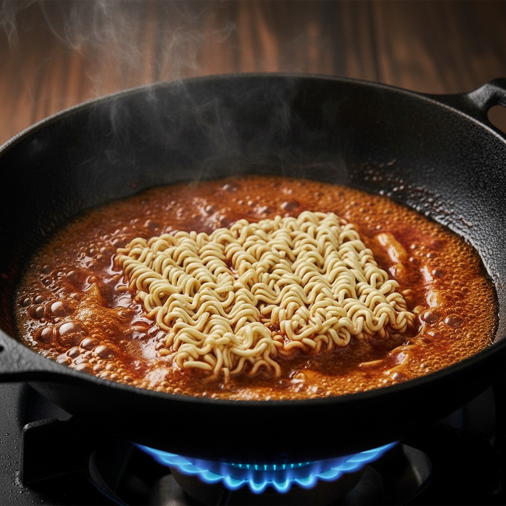 물과 라면 스프를 넣고 끓이다가 라면 사리를 넣는 단계