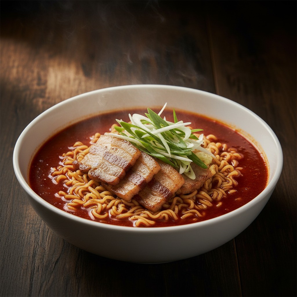 완성된 짬뽕라면을 그릇에 담아 쪽파로 장식한 모습