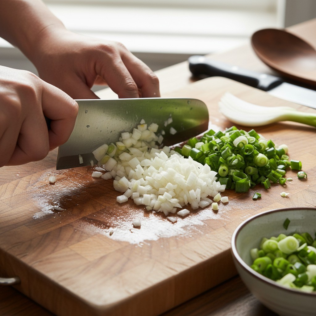 양파와 대파를 잘게 써는 모습
