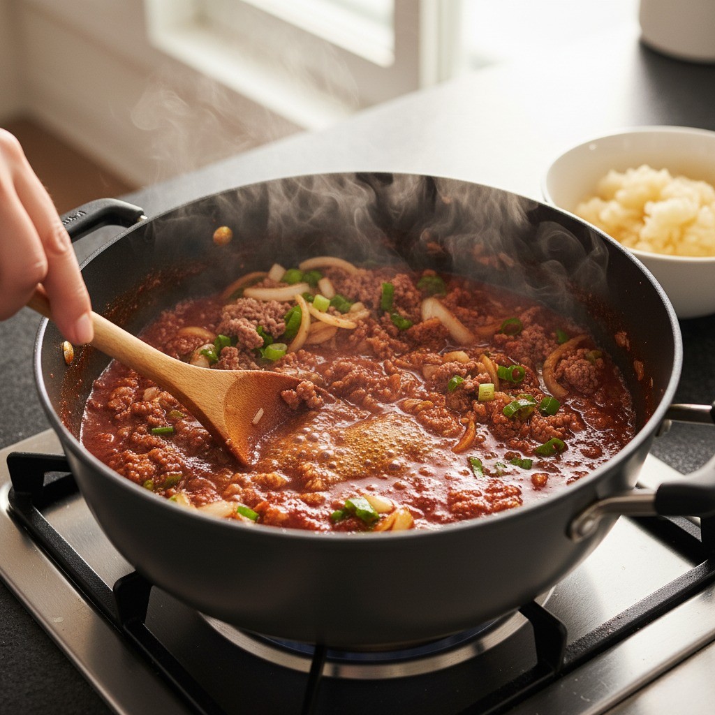 프라이팬에 모든 양념 재료를 넣고 끓이는 모습