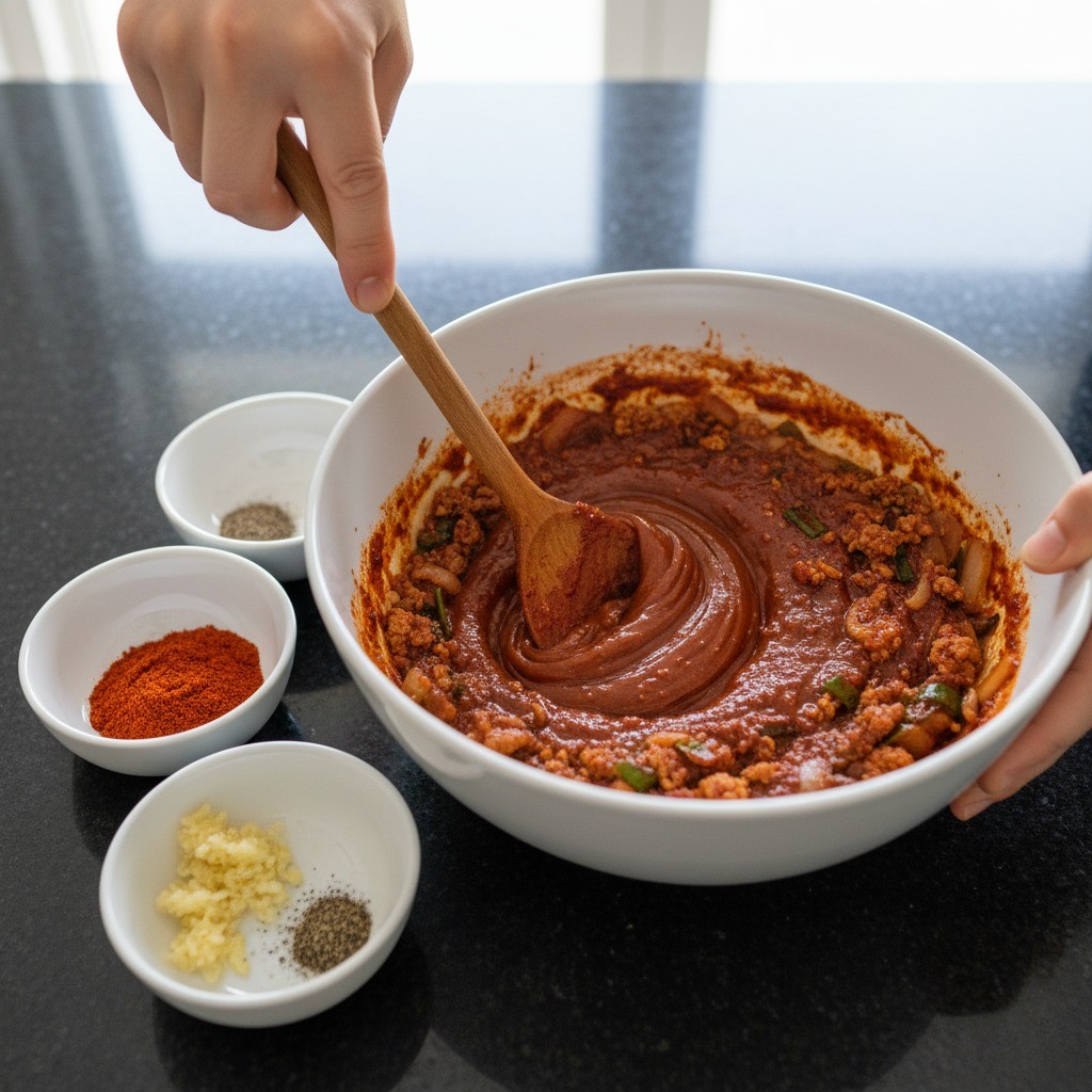 식힌 양념 베이스에 고춧가루, 마늘, 생강을 섞는 모습