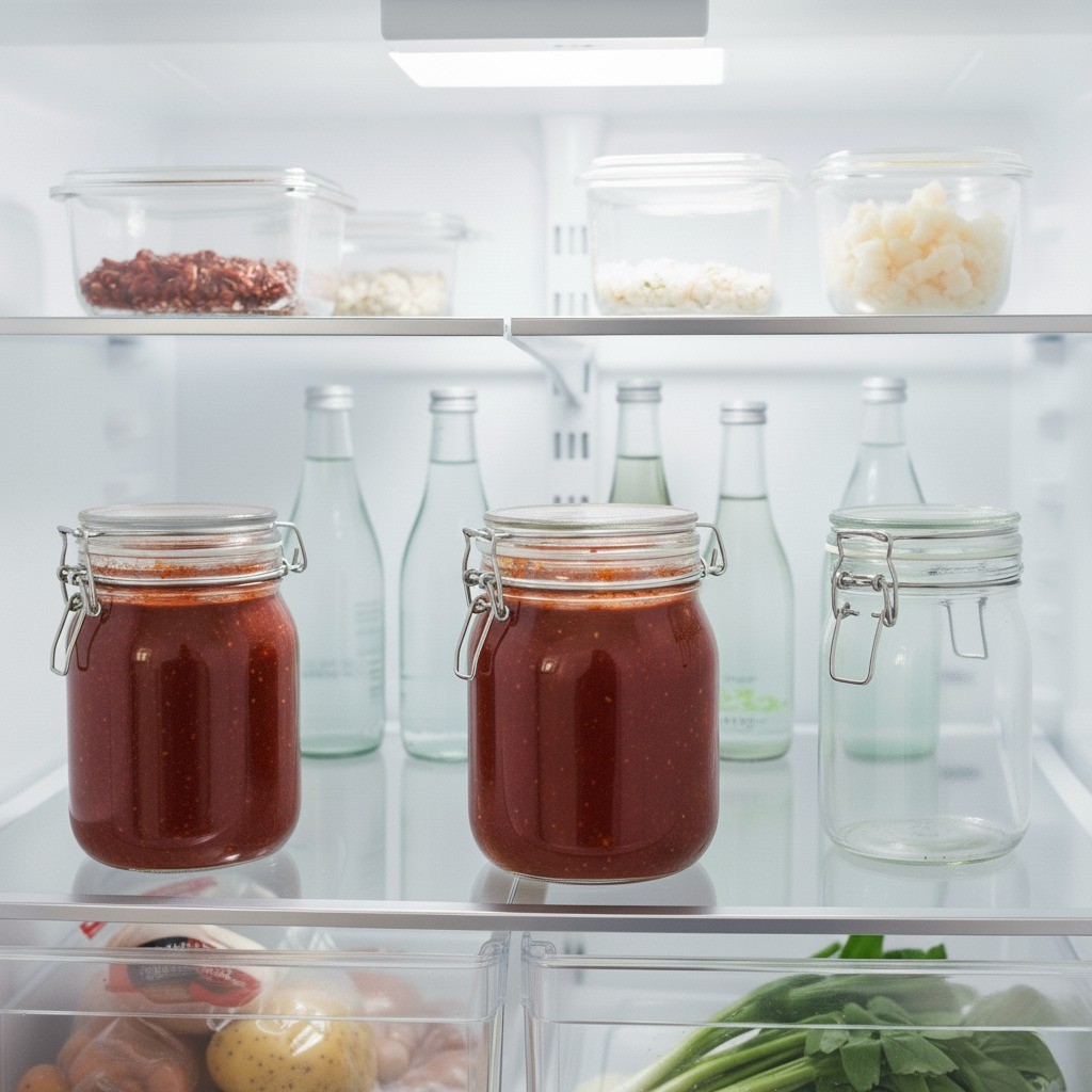 완성된 양념장을 용기에 담아 숙성시키는 모습