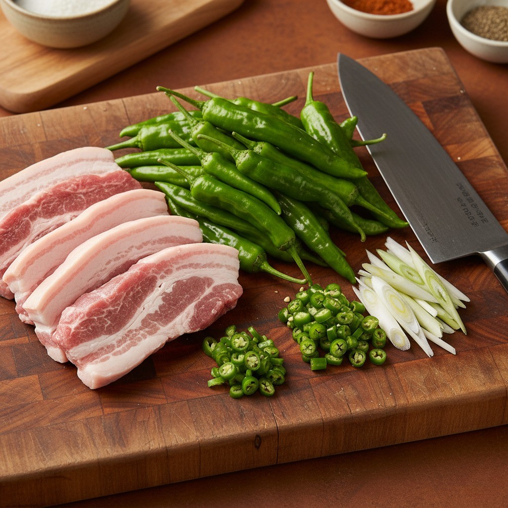 손질된 꽈리고추, 청양고추, 대파, 삼겹살이 도마 위에 준비된 사진
