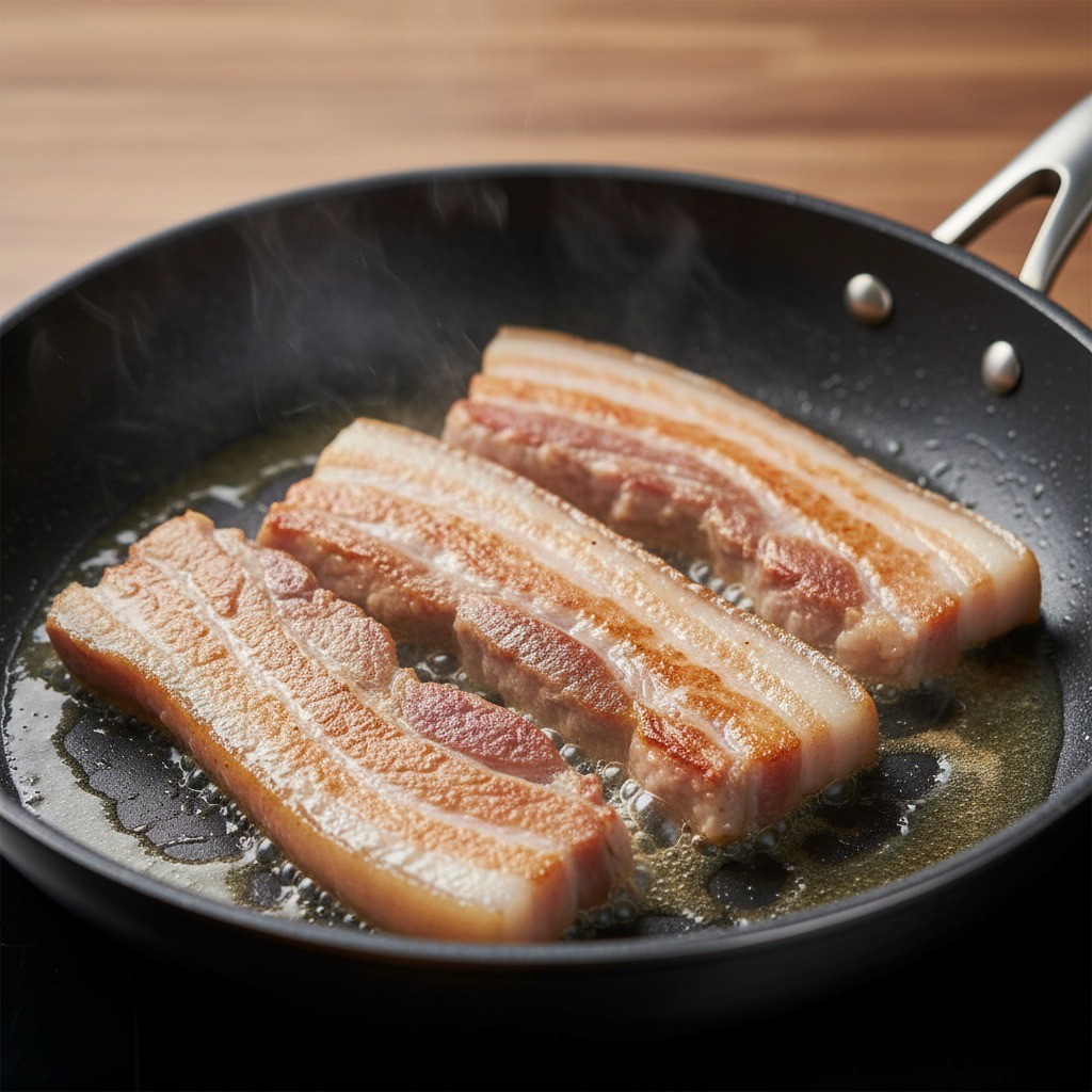 프라이팬 위에서 노릇노릇하게 볶아지고 있는 삼겹살 사진