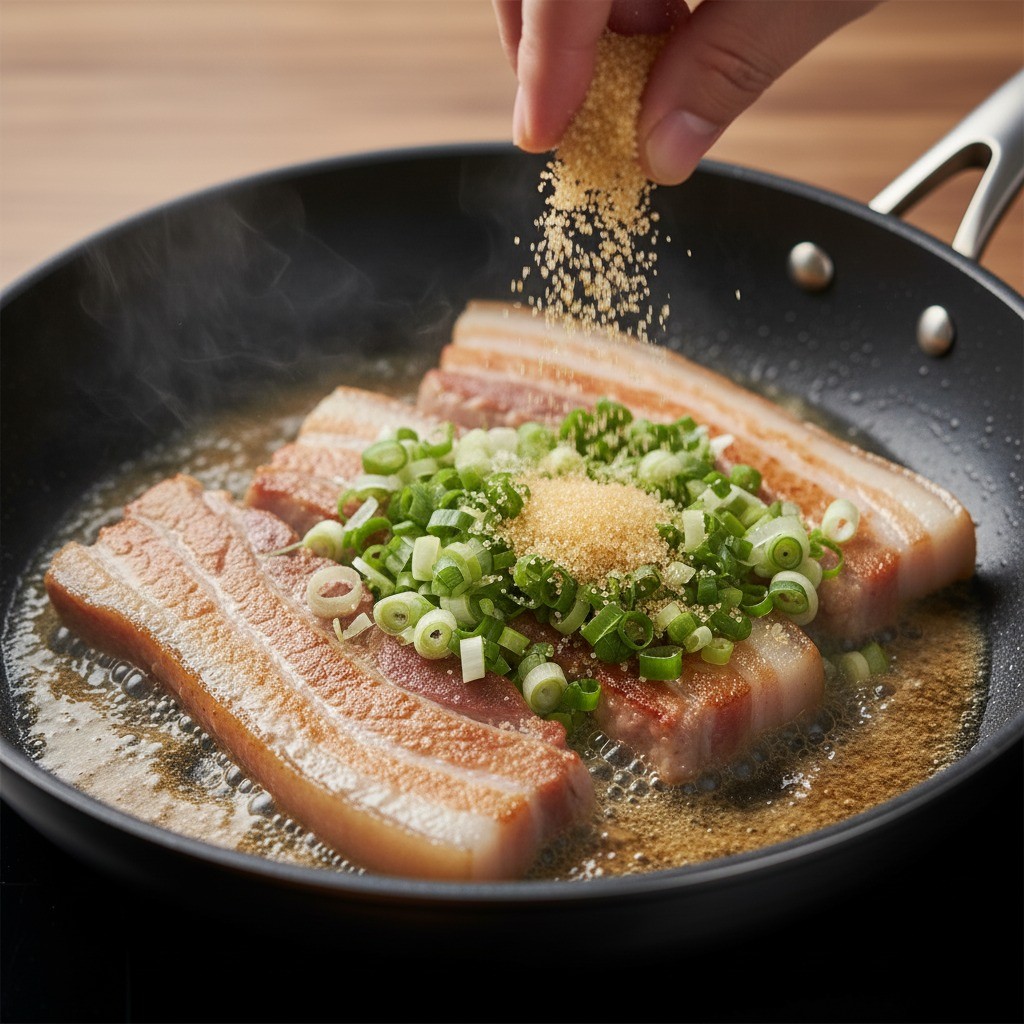 볶아지는 삼겹살 위로 설탕을 뿌리고 대파를 넣고 있는 사진