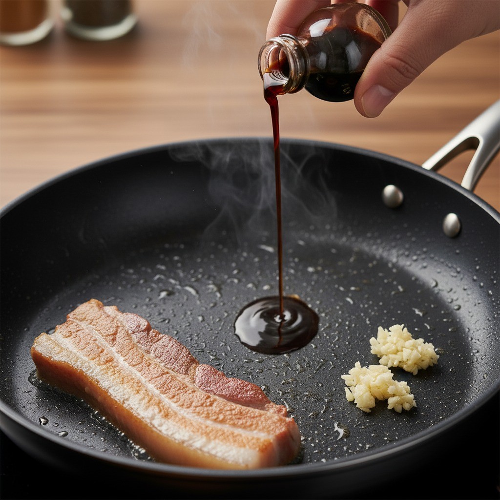 프라이팬 한쪽에 간장을 넣어 태우듯이 끓이고 있는 사진