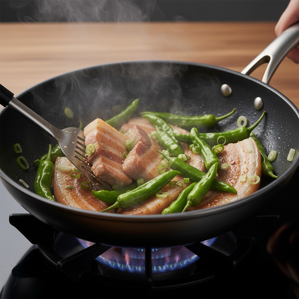 팬에서 꽈리고추와 돼지고기를 빠르게 볶아 마무리하는 사진