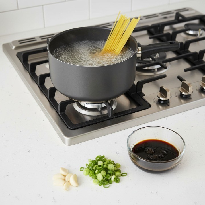 파스타면을 삶고 으깬 마늘, 썬 대파를 준비하는 모습