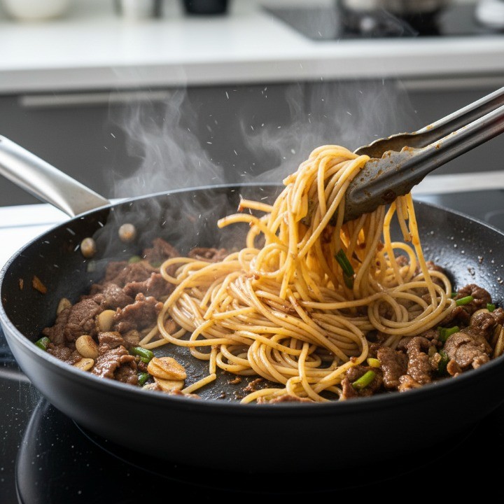 소고기와 소스에 면과 면수를 넣고 볶아 버무리는 모습