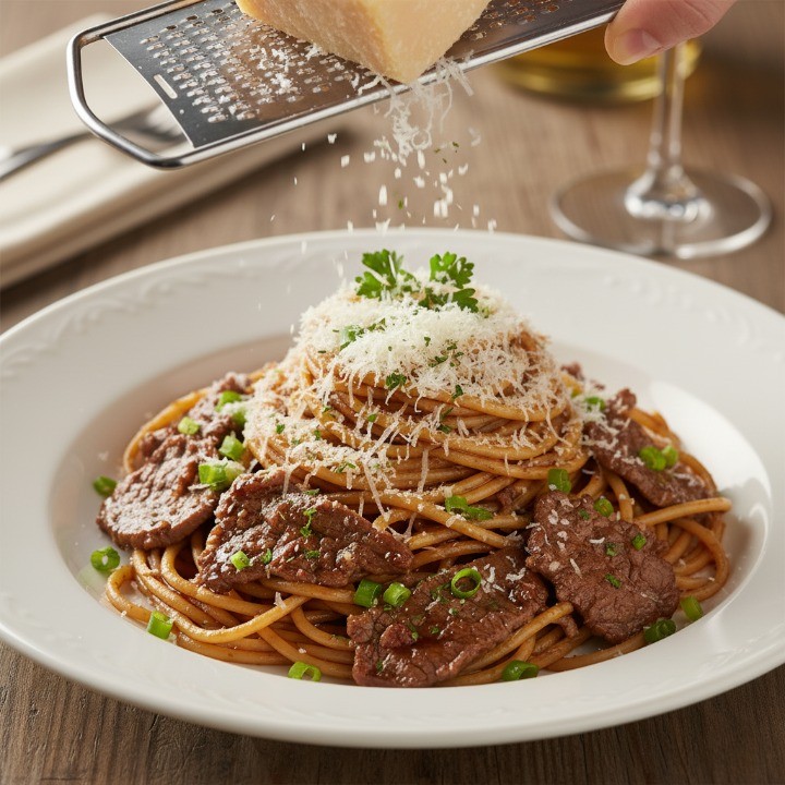 파마산 치즈 가루와 파슬리를 뿌려 완성된 불고기 파스타
