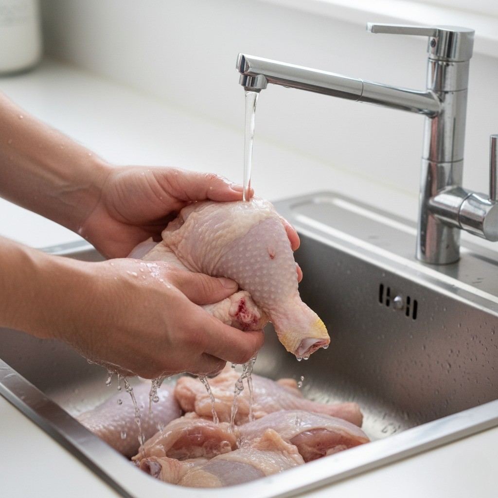 닭 뼈 사이의 핏물과 내장을 제거하는 모습