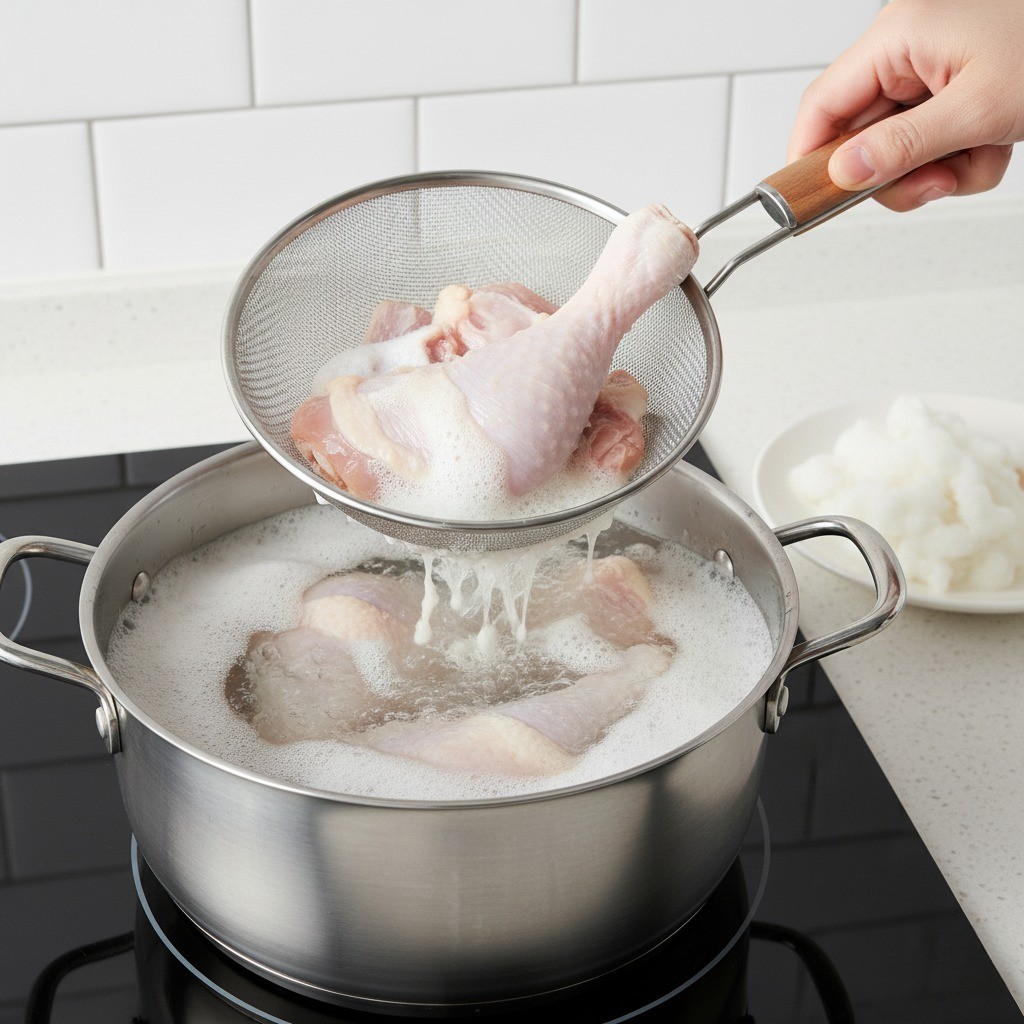 끓는 물에 닭을 데쳐 불순물을 제거하는 모습