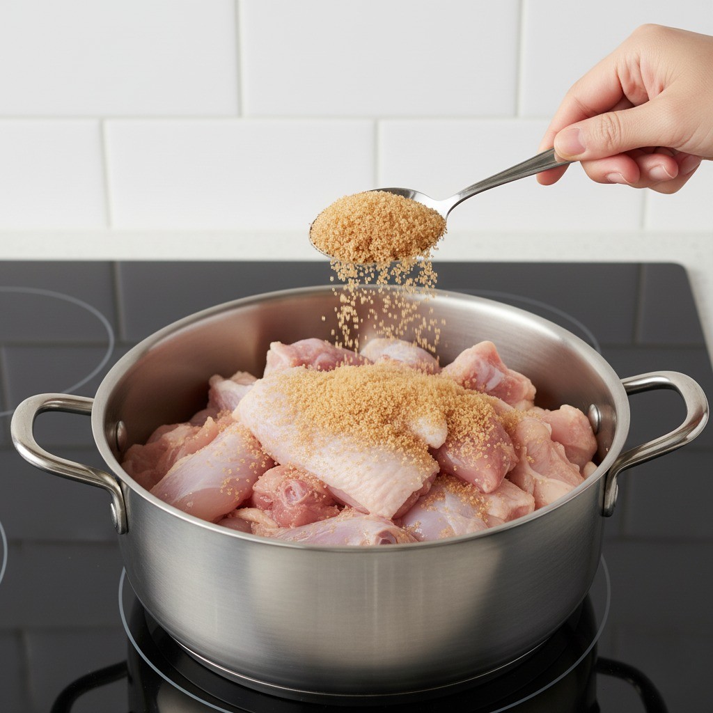 냄비에 닭과 설탕, 물을 붓는 모습