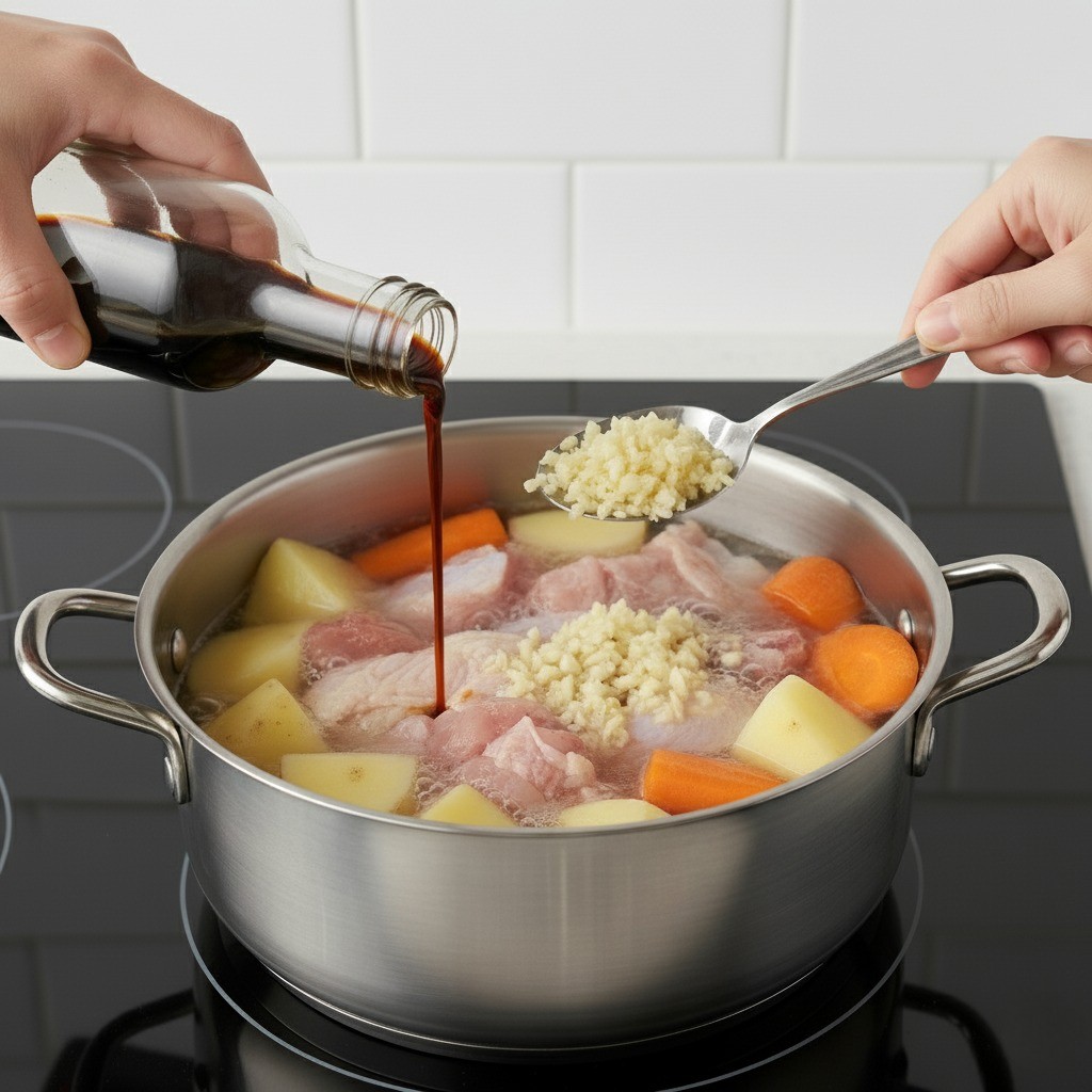 끓는 닭볶음탕에 감자, 당근, 버섯, 간장, 마늘을 넣는 모습