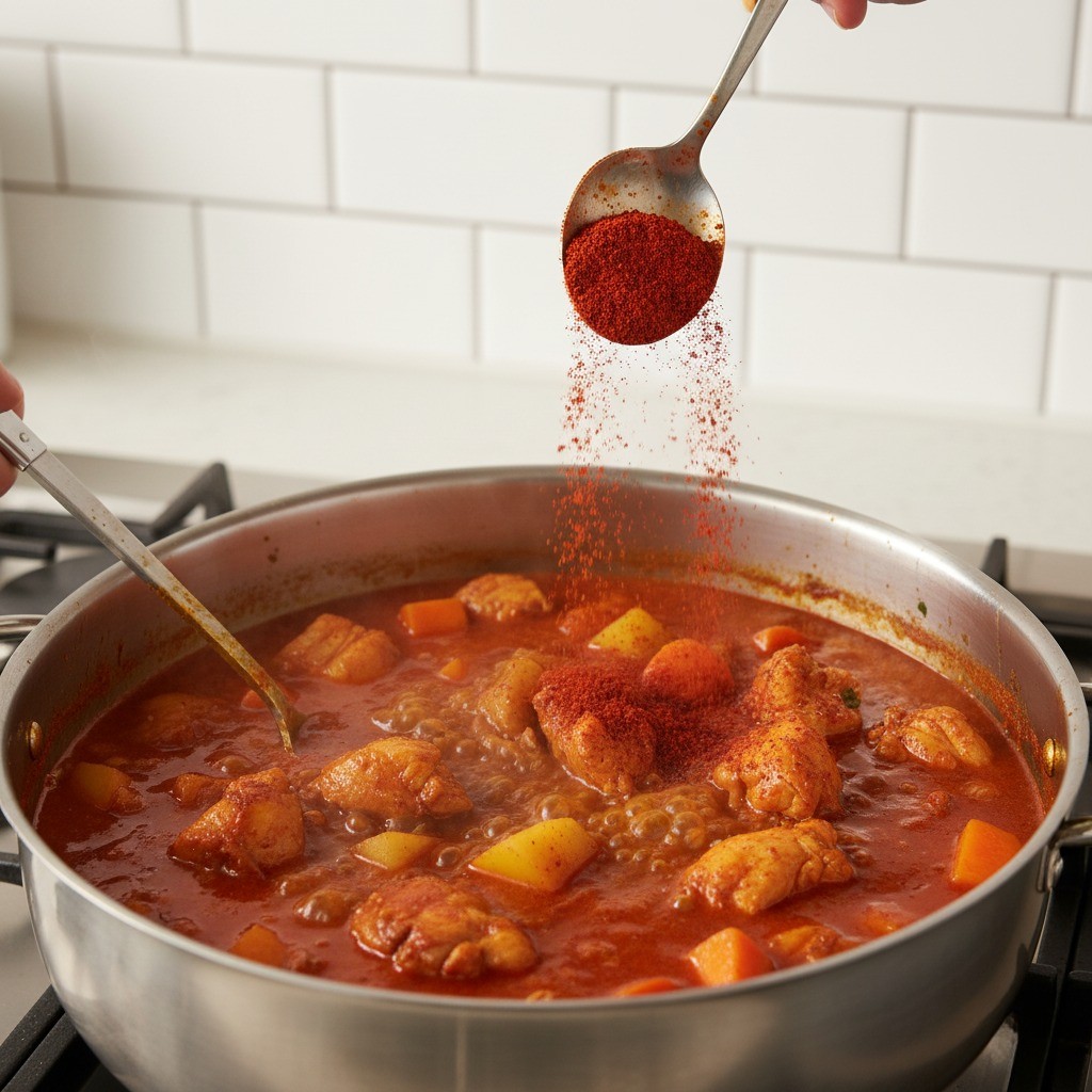 닭볶음탕에 고춧가루를 넣고 섞는 모습