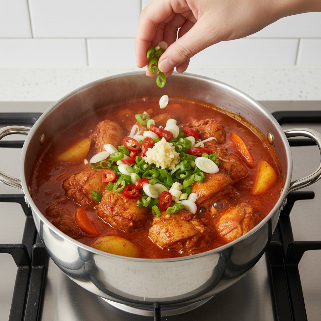 완성 직전의 닭볶음탕에 대파와 고추, 다진 마늘, 후추를 넣는 모습