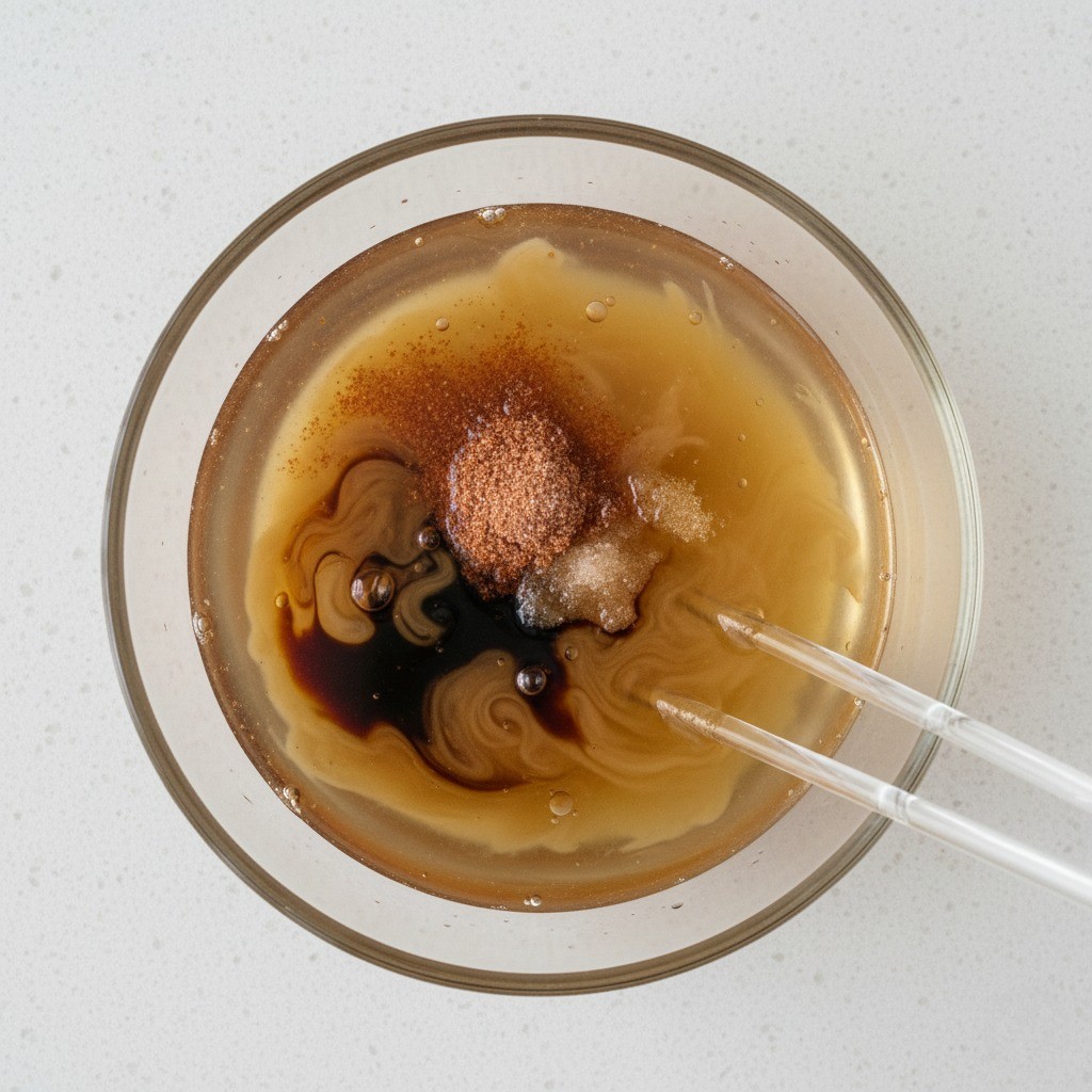 콩나물과 양파를 채 썰고, 그릇에 라면스프와 양념을 섞어 육수를 만드는 과정